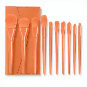 YT-SMB-002 vegan synthetic makeup brush set of 10 pieces in vibrant orange with matching pouch