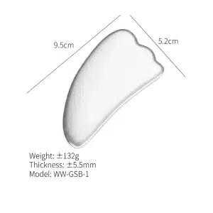 YT-SSG-002 horn-shaped stainless steel gua sha size chart with weight thickness and model details