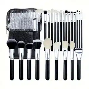 YT-NHB-005 natural hair makeup brush set of 25 pieces with standing black leather travel pouch