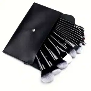 YT-SMB-001 vegan synthetic makeup brush set of 24 pieces with flat black leather pouch case