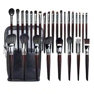 YT-NHB-004 natural hair makeup brush set of 27 pieces with standing black leather travel pouch