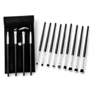 YT-SMB-008 vegan synthetic eye makeup brush set of 14 pieces in matte black with matching black pouch