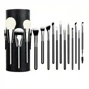 YT-NHB-006 natural hair makeup brush set of 15 pieces with black cylinder leather storage tube