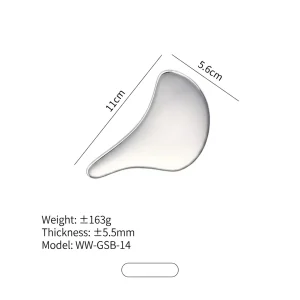 YT-SSG-014 ginkgo leaf stainless steel gua sha size chart with weight thickness and model details