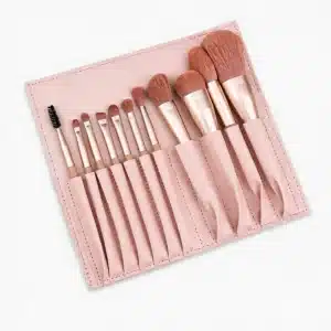 YT-SMB-005 vegan synthetic makeup brush set of 11 pieces in warm peach pink with matching roll up pouch