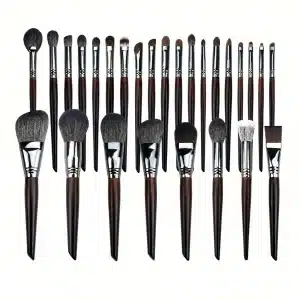 YT-NHB-004 natural hair makeup brushes detail layout showing walnut wood handles