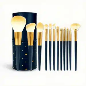 YT-SMB-004 vegan synthetic makeup brush set of 12 pieces next to matching starry navy blue cylinder holder cup