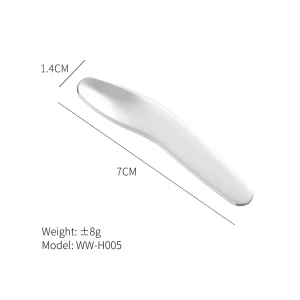 YT-CSS-004 curved cosmetic spatula size chart with weight thickness and model details