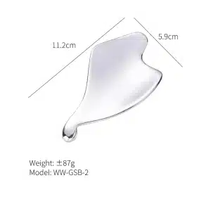 YT-SSG-004 leaf acupressure stainless steel gua sha size chart with weight thickness and model details