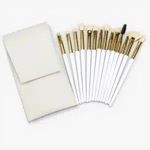 YT-SMB-008 vegan synthetic eye makeup brush set of 14 pieces in elegant glossy white with matching white pouch