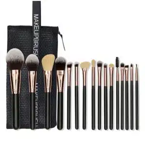 YT-SMB-006 natural hair makeup brush set of 16 pieces with zippered black storage case