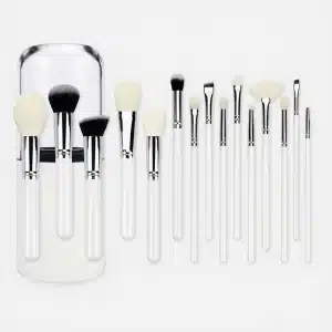 YT-NHB-003 natural hair makeup brush set of 15 pieces with clear acrylic and white leather storage cup