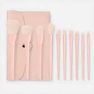 YT-SMB-002 vegan synthetic makeup brush set of 10 pieces in pastel soft pink with matching pouch