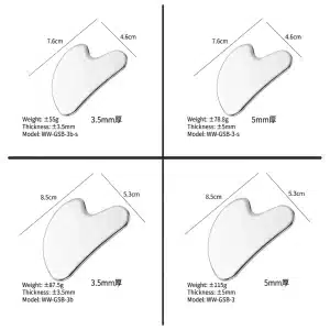 YT-SSG-001 heart-shaped stainless steel gua sha size chart with weight thickness and model details