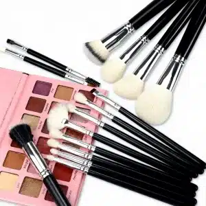 YT-NHB-002 natural hair makeup brushes fan arrangement with pink eyeshadow palette