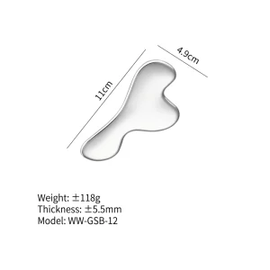 YT-SSG-012 rounded triangle stainless steel gua sha size chart with weight thickness and model details