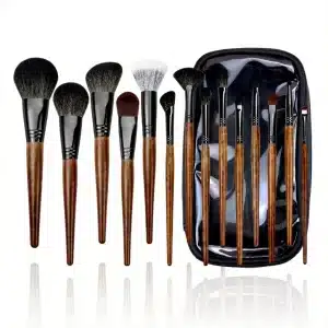 YT-NHB-001 natural hair makeup brush set of 14 pieces with clear vinyl travel case