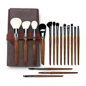 YT-NHB-008 natural hair makeup brush set of 16 pieces with foldable brown PU leather brush pouch
