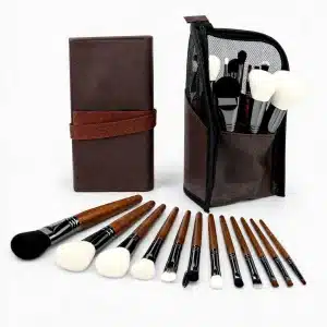 YT-NHB-008 natural hair makeup brush set of 16 pieces with zippered brown storage holder cup