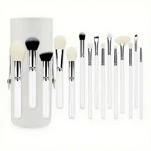 YT-NHB-003 natural hair makeup brush set of 15 pieces with white cylinder leather storage tube