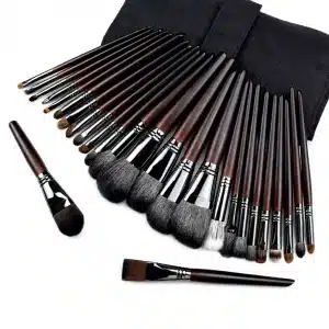 YT-NHB-004 natural hair makeup brushes fan arrangement with black leather wrap case