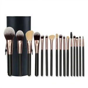 YT-SMB-006 natural hair makeup brush set of 16 pieces with black mesh storage case