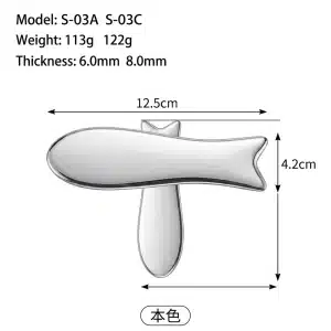 YT-SSG-005 fishtail stainless steel gua sha size chart with weight thickness and model details