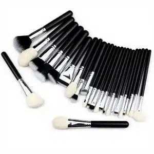 YT-NHB-005 natural hair makeup brushes fan arrangement showing bright black wood handles