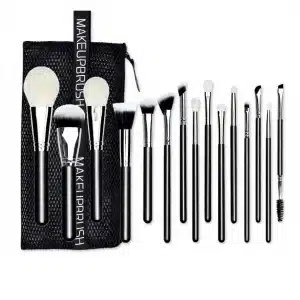 YT-NHB-006 natural hair makeup brush set of 15 pieces with black mesh storage case