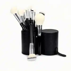 YT-NHB-002 natural hair makeup brush set of 15 pieces with black cylinder leather storage tube