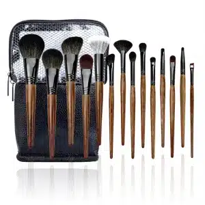 YT-NHB-001 natural hair makeup brush set of 14 pieces with standing black leather pouch