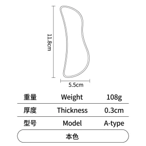 YT-SSG-008 blade-shaped stainless steel gua sha size chart with weight thickness and model details