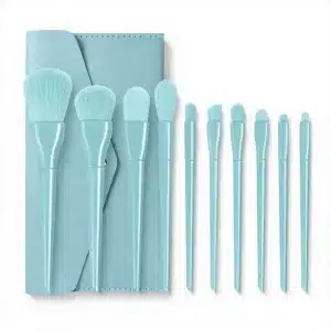 YT-SMB-002 vegan synthetic makeup brush set of 10 pieces in pastel sky blue with matching pouch