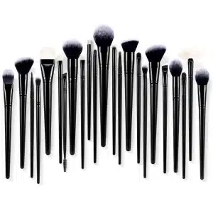 YT-SMB-001 vegan synthetic makeup brushes fan arrangement with glossy black wood handles and bionic bristles