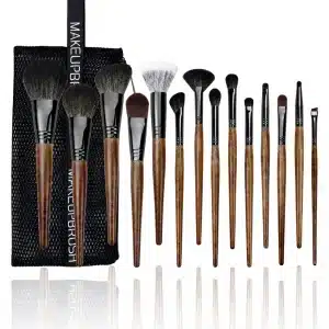 YT-NHB-001 natural hair makeup brush set of 14 pieces with black mesh storage pouch