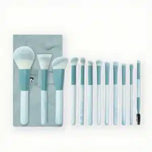 YT-SMB-003 vegan synthetic makeup brush set of 12 pieces with bow knot sky blue leather envelope pouch