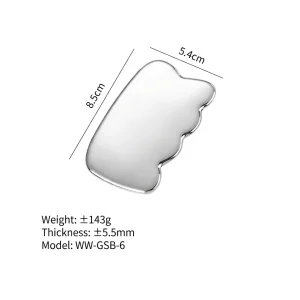 YT-SSG-006 gear-edge stainless steel gua sha size chart with weight thickness and model details
