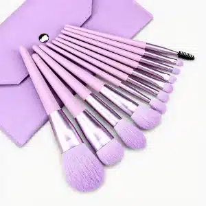 YT-SMB-005 vegan synthetic makeup brush set of 11 pieces in pastel lilac with matching snap envelope pouch