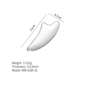 YT-SSG-016 V-horn stainless steel gua sha size chart with weight thickness and model details