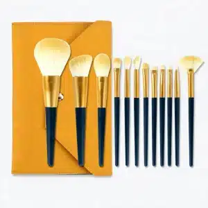 YT-SMB-004 vegan synthetic makeup brush set of 12 pieces with matching warm yellow leather envelope pouch