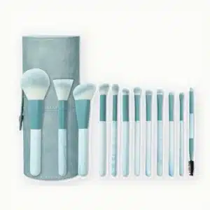 YT-SMB-003 vegan synthetic makeup brush set of 12 pieces with matching marble sky blue standing leather cylinder cup