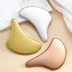 YT-SSG-014 ginkgo leaf stainless steel gua sha tool in silver gold and rose gold finishes