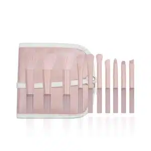 YT-SMB-012 vegan synthetic makeup brush set of 10 pieces next to matching pastel peach zippered travel pouch