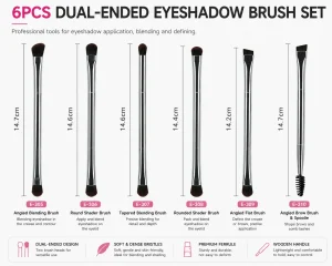 YT-SMB-023 6-piece professional silver dual-ended eyeshadow brush set infographic with dimensions 14.2cm to 14.7cm