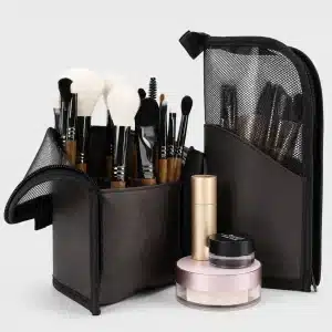 YT-NHB-008 natural hair makeup brushes detail arrangement next to face powder and eyeshadow jar