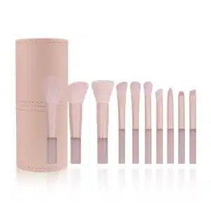YT-SMB-012 vegan synthetic makeup brushes 10 pieces shown next to matching pastel peach leather cylinder case