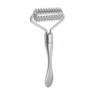 Wholesale spiked metal facial roller with a textured stainless steel head for stimulating massage, available for bulk OEM orders.