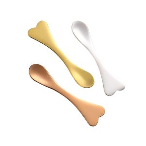 Three YITHONIA gold, silver, and rose gold heart-shaped wholesale cosmetic spatula scoop options shown in file 1.jpg.