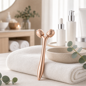 Wholesale 3D facial roller in rose gold for V-shape contouring massage, available for B2B private label and bulk orders.