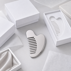 Wholesale stainless steel gua sha comb tool for scalp and facial massage, available for B2B private label bulk orders.
